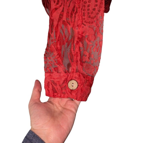 Coldwater Creek Sz M Red Orange Burnout Long Sleeve Wood Button Down Shirt - Picture 4 of 6